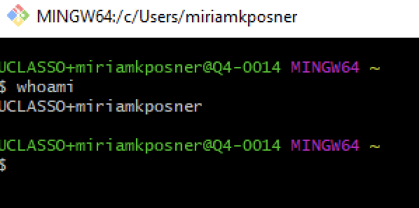 Black background. Text displays a command prompt, then whoami. The response is UCLASSO+miriamkposner.