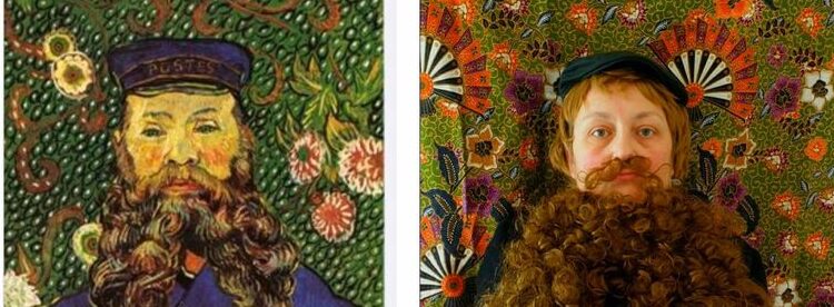 A portrait by Van Gogh juxtaposed with a re-created portrait, including an elaborate beard