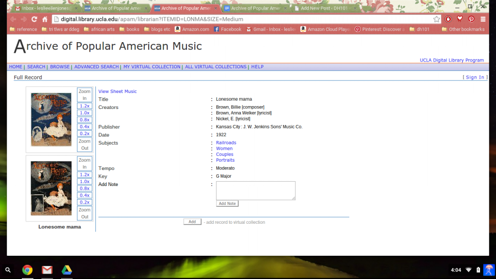 A full record on the Digital Archive of Popular American Music contains both general and music-specific metadata, enlargeable thumbnails of cover art, and space for registered users to make notes and save to a personal collection.
