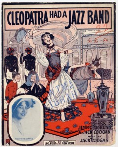 A typical Orientalist representation of a Middle Eastern dancer: suspiciously white-skinned, wearing a quasi-Egyptian tunic that nonetheless reads like a stylish contemporary dress, and dancing to jazz--simultaneously African and American.