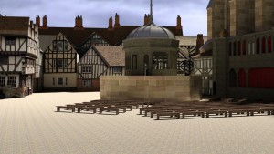 "Figure 2: Paul’s Churchyard, looking east, from the west. From the Visual Model, constructed by Joshua Stephens. "