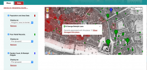 This map shows the overlay of population and area data, poor relief records, and the specific point of Garden Court, St. Botolph Aldgate.