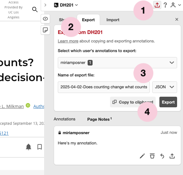 Hypothesis sidebar with the export options highlighted.