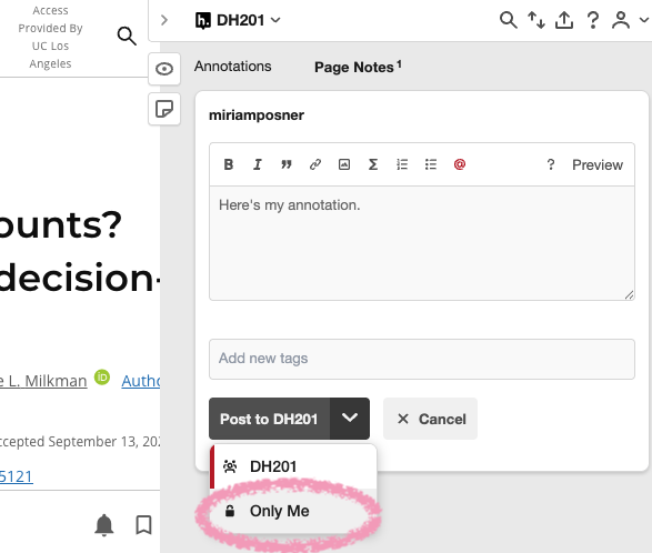 The hypothesis sidebar shows an annotation reading "Here's my annotation." In a dropdown menu below the annotation window, "Only Me" is selected.